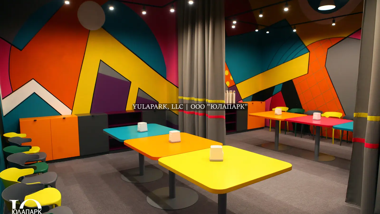 Modern birthday rooms, banquet rooms for children in different colors and styles in children's parks.