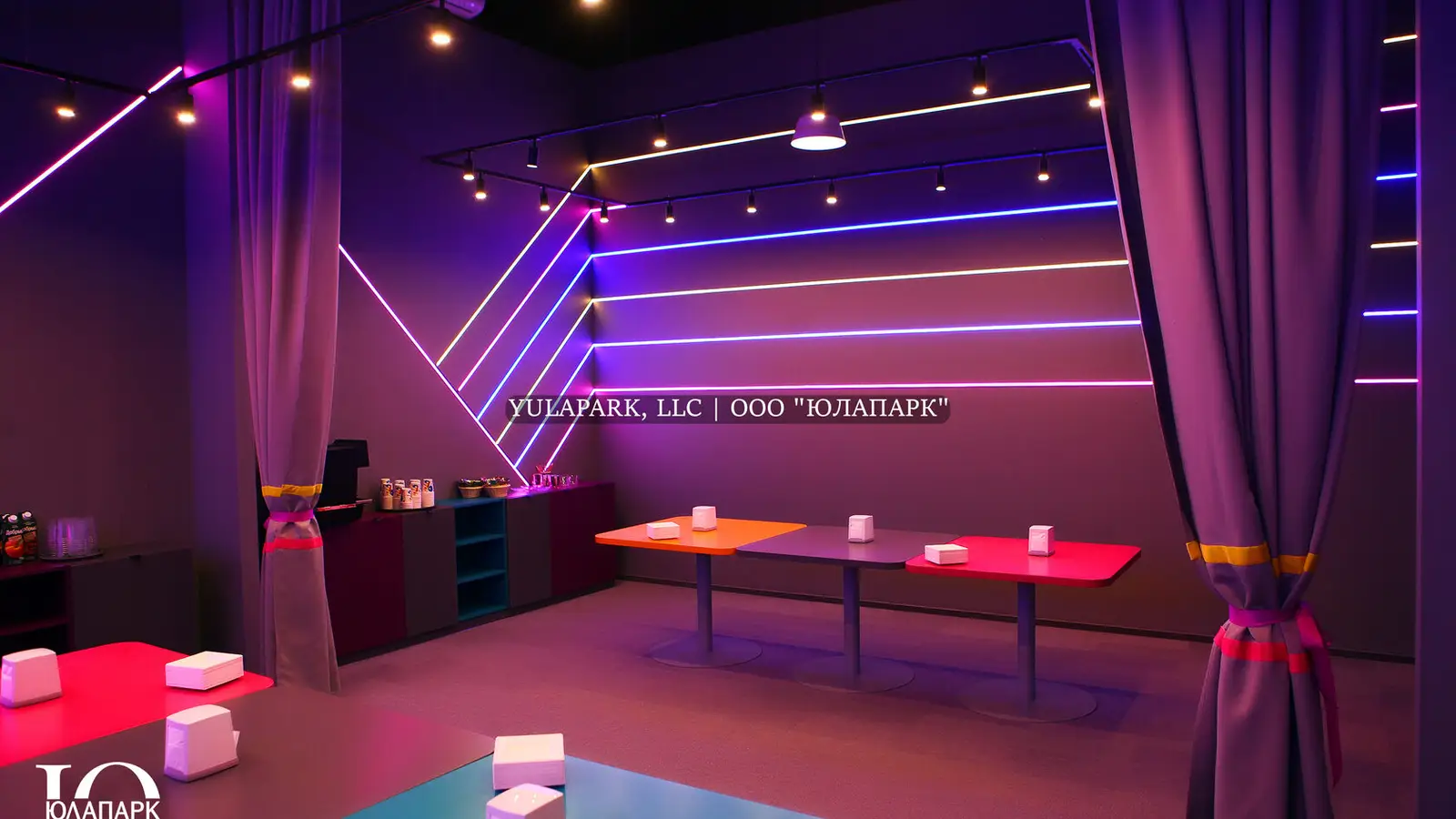 Modern birthday rooms, banquet rooms for children in different colors and styles in children's parks.